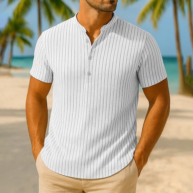 Men's Shirt Linen Shirt Popover Shirt Casual Shirt Cotton Shirt Stripe Vacation Street White Pink Navy Blue Dark Green Short Sleeve Band Collar Summer Clothing Apparel