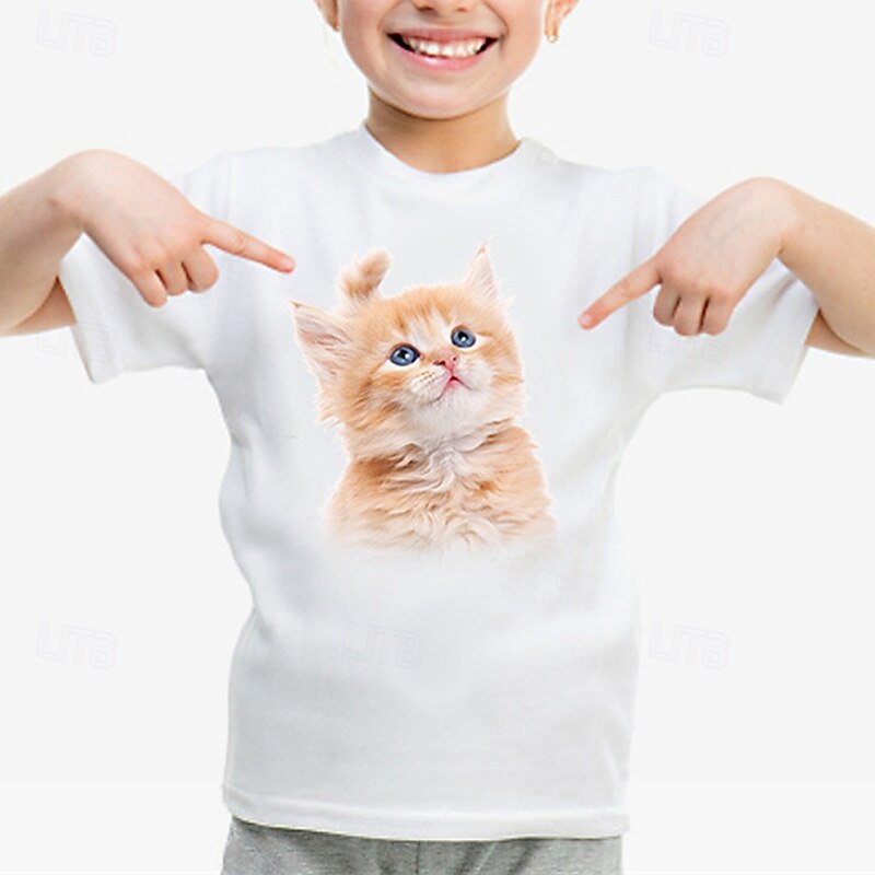 100% Cotton Kids Girls' 1 2 3 Animal Cat T shirt Tee Crew Neck Short Sleeve Outdoor Vacation Daily Classic Casual Print Summer2