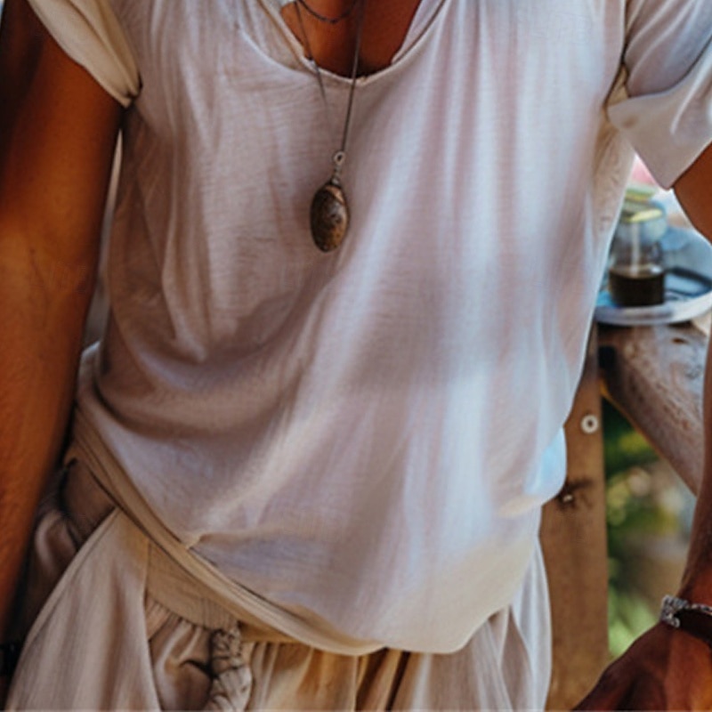 Men's T Shirt Tee Short Sleeve Shirt Tee Top Short Sleeve V Neck Summer Plain Fashion Designer Basic Classic Vacation Street Going out Beige Top Tee for Men3