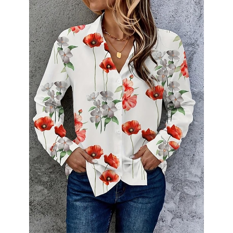 Women's Shirt Button Down Tunic Shirt Collar Long Sleeve Floral Graphic Vintage Tropical Daily Regular Tops Work Daily Holiday s Print White Blue Spring3