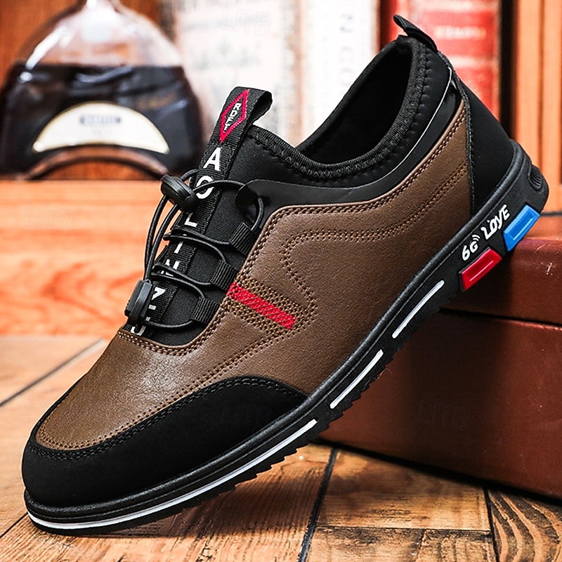 Men's Premium Brown and Black Faux Leather Lace-Up Sneakers with Colorful Branding for Casual and Sports Activities