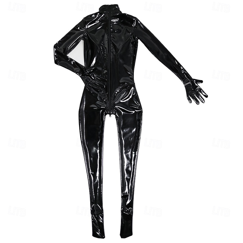 Black Latex Catsuit for Women - Glossy Zentai Bodysuit with 3D Tailoring, Skin-Tight Fit and Zipper Crotch, Perfect for Nightclub, Pride Parade, Halloween & Leather Fetish3