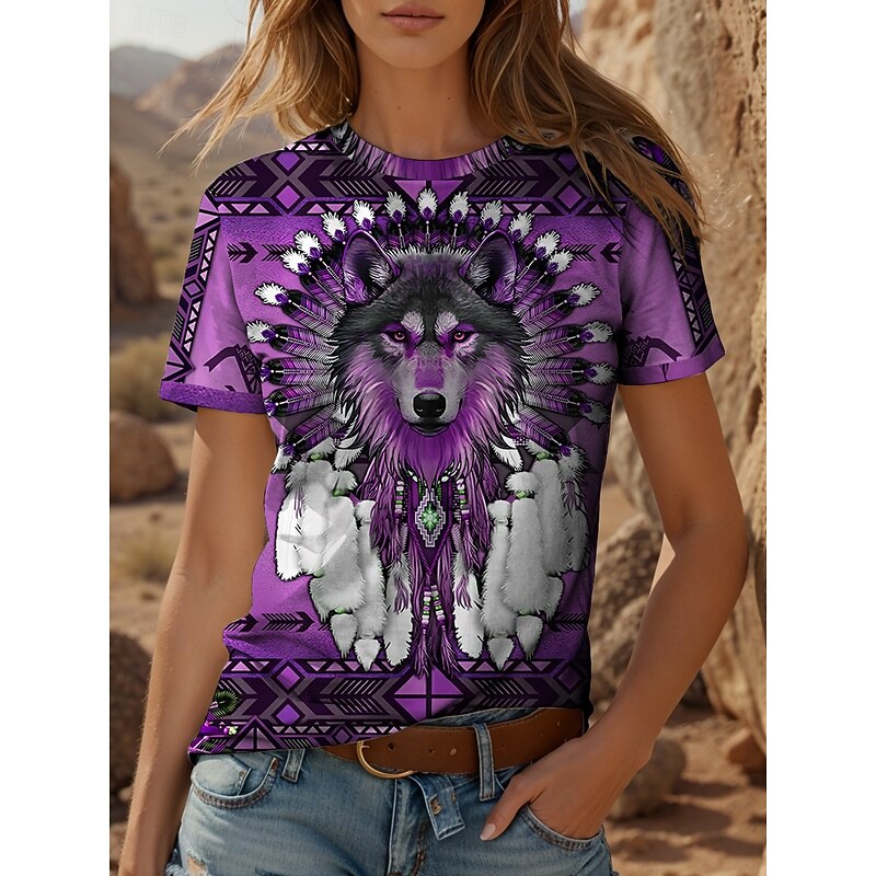 Women's T Shirt Graphic Animal Geometric Vintage Stylish Classic Short Sleeve Crew Neck Round Neck Regular Tops Daily Weekend Print Yellow Red Blue Purple Green Summer Spring4