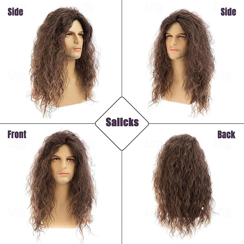 Mens Long Curly Brown Wig Synthetic Hair 70s 80s Rocker Cosplay Costume Halloween Party Wigs4