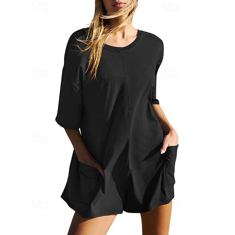 Women's Normal Romper Basic Solid Color Short Sleeve Crew Neck Pocket Street Going out Regular Fit Black White Pink Summer2