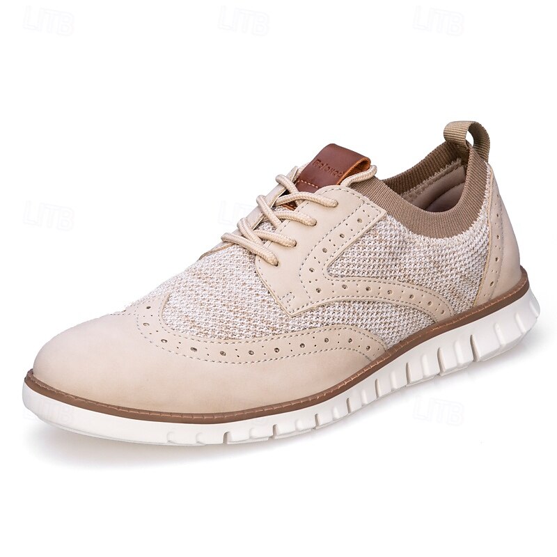 Men's Shoes Beige Casual Lace-Up Shoes with Breathable Knit Upper and Flexible Sole for Daily Wear Office and Travel3