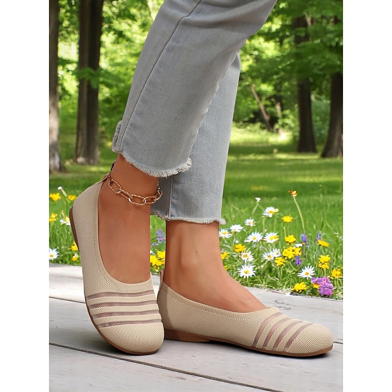 Women's Flyknit Casual Barefoot Shoes - Breathable Mesh Upper Wide Toe Flats Trendy Stripes, Comfortable for Walking and Casual Activities4