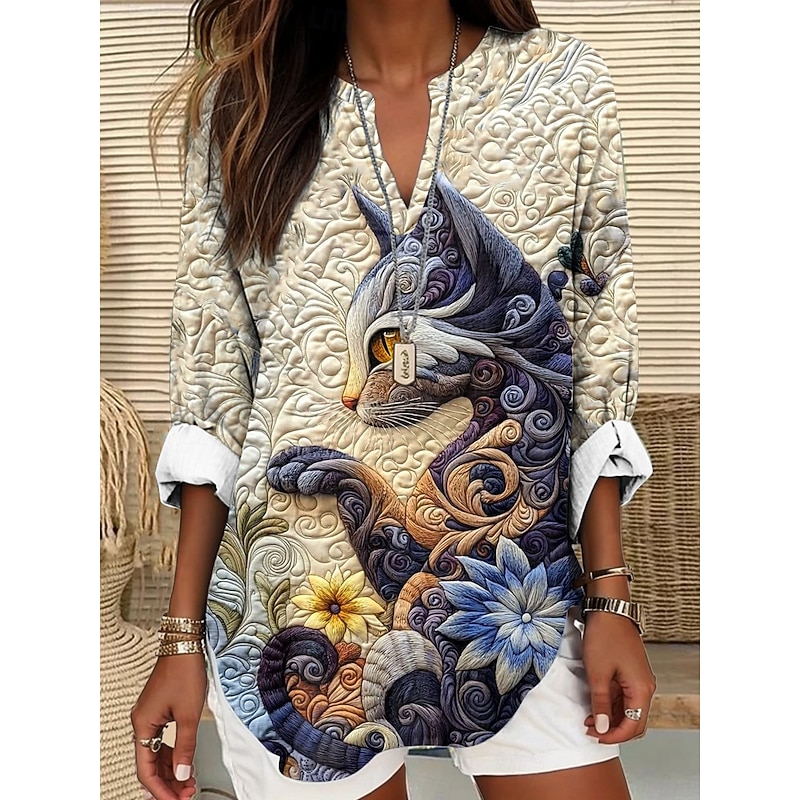 Women's Blouse Tunic V Neck Long Sleeve Boho Casual Summer Tops Graphic Cat Vintage Tropical Regular Tops Daily Wear Print Blue Green Beige3