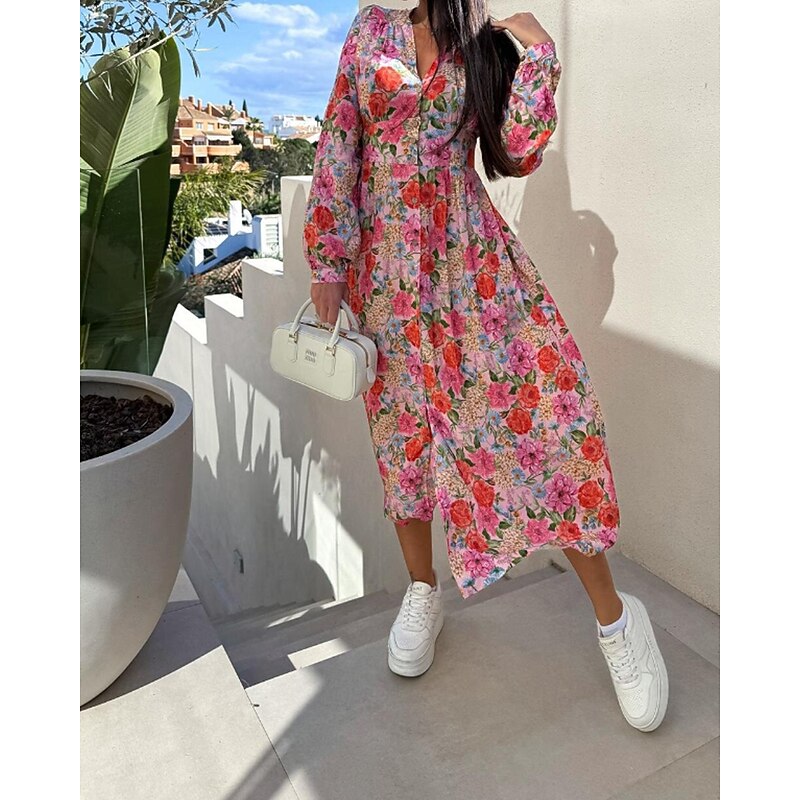 Women's Midi Dress Floral Dress Print Dress Classic Modern Vacation Holiday Going out Regular Fit Flower Long Sleeve V Neck Pink Red Blue Summer3