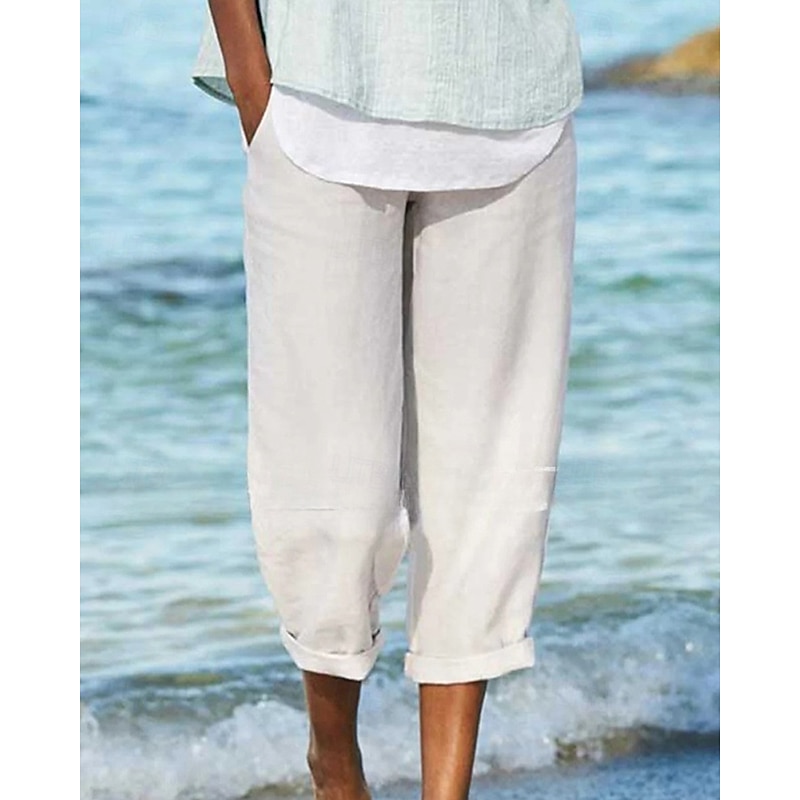 Women's Cotton Linen Pants Slacks Streetwear Casual Ankle-Length Natural Plain Pocket Elastic Waist Comfy Outdoor Street Going out White Yellow Pink Blue Summer Regular Fit