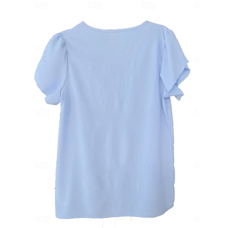 Women's Blouse Solid Color Elegant Casual Short Sleeve Asymmetrical Regular Tops Daily Holiday Pleated Blue Summer2