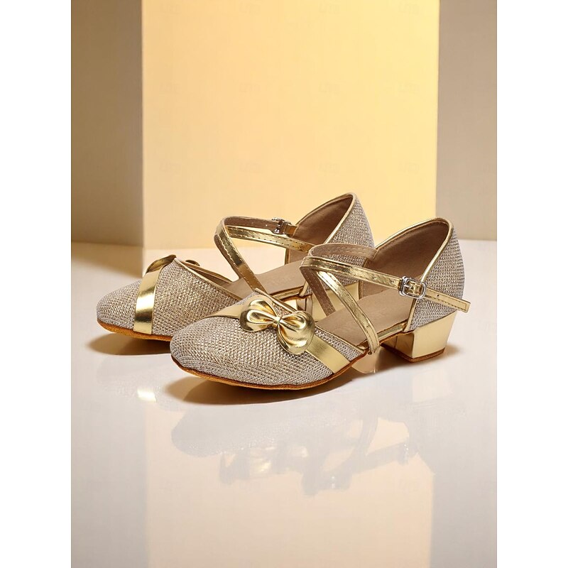 Girls's Glitter Gold Low Heel Dance Shoes with Bow and Cross Straps - Sparkly Performance Footwear for Youth Stage Shows, Ballroom Practice and Talent Competitions