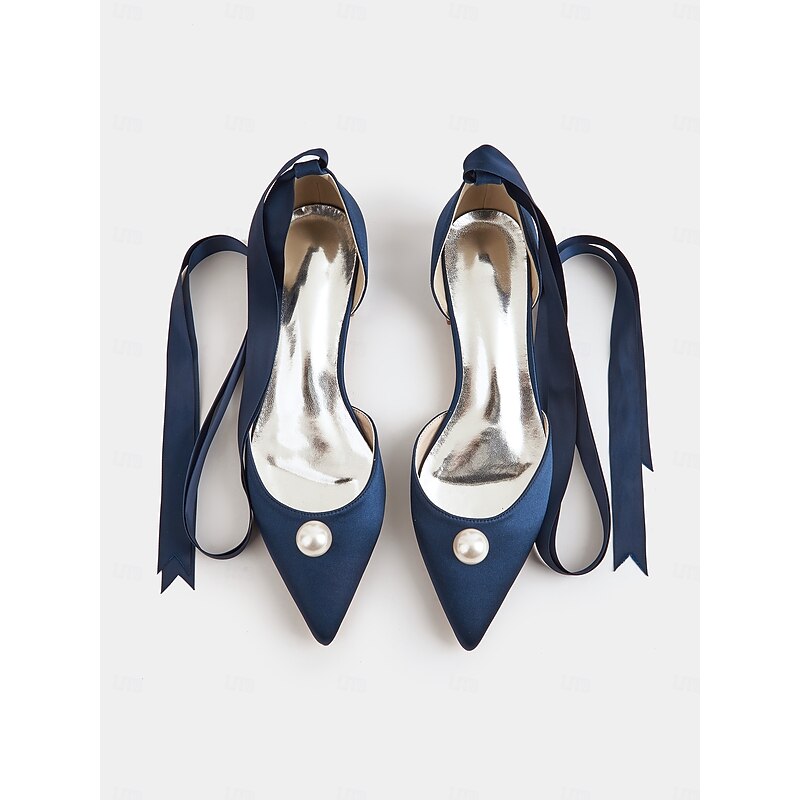 Women's Navy Satin Pointed Toe Flats - Pearl Embellished Ribbon Tie Dress Shoes for Elegant Evenings, Weddings, and Special Occasions3