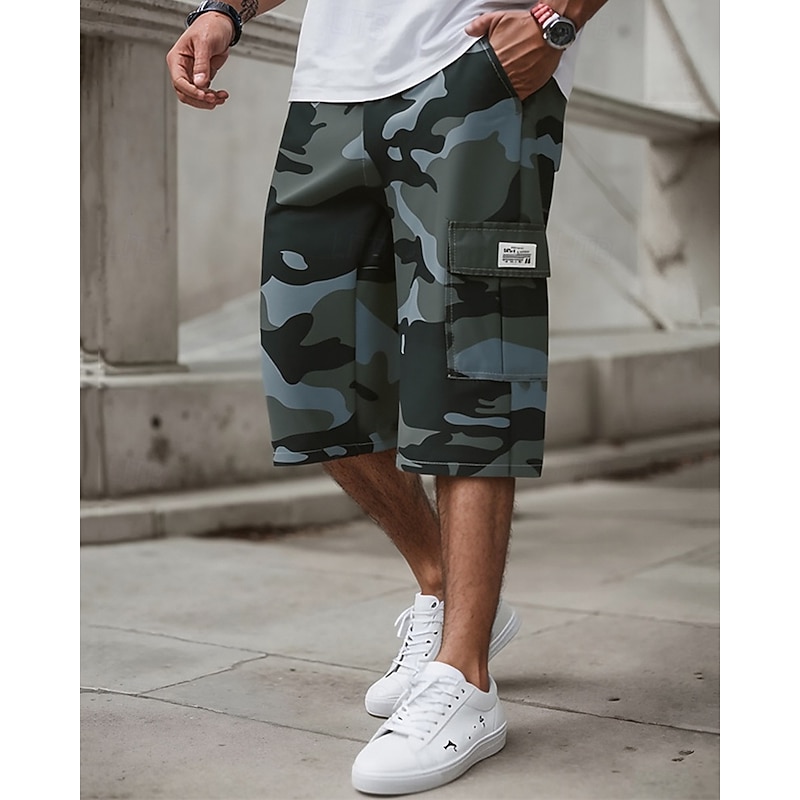 Men's Cargo Shorts Capri Pants Camo Shorts Summer Shorts Drawstring Elastic Waist Multi Pocket Camouflage Comfort Wearable Calf-Length Outdoor Sport Daily Fashion Casual Khaki Army Green3