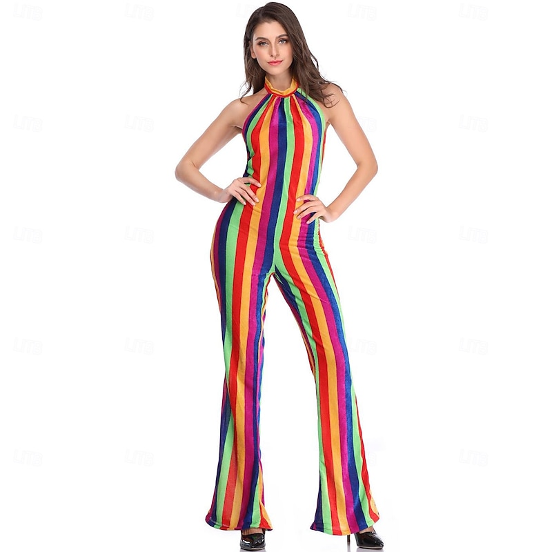 Retro Vintage 1970s Bell Bottom Jumpsuit Flared Trousers Disco Rainbow Striped Fancy Dress Women's Halloween Carnival Music Festival Pride Parade Pride Month Adults' Jumpsuit Summer3