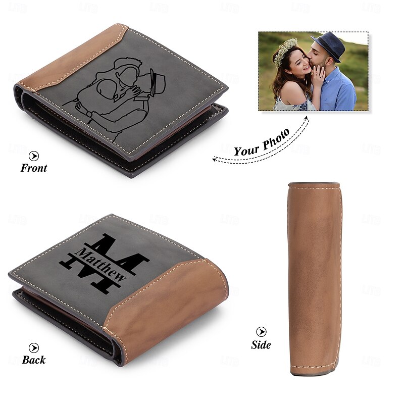 Personalized Photo Engraved Leather Wallet Custom Best Gift for Dad, Husband, Boyfriend, Custom Name Engraving on Back, Birthday, Father's Day, Valentine's Day, Anniversary Gift3
