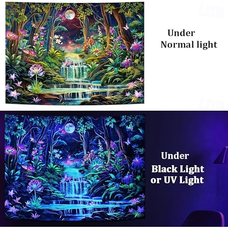 Blacklight Tapestry Glow in the Dark Glow Party UV Reactive Fantasy Forest Trippy Misty Nature Landscape Hanging Tapestry Wall Art Mural for Living Room Bedroom2