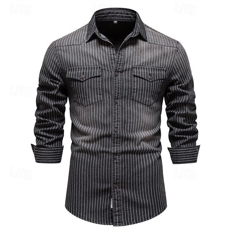 Men's Shirt Summer Shirt Casual Shirt Beach Shirt Button Up Shirt Black Navy Blue Long Sleeve Stripes Lapel Vacation Hawaiian Pocket Clothing Apparel Fashion Casual Comfortable
