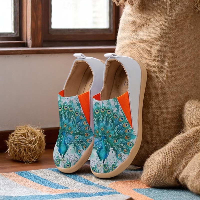 Women's Comfort Slip-On Barefoot Shoes—Artistic Peacock Print, Ergonomic Insole, Vibrant Resort Style, Great for Home, Garden, Art Festivals and Relaxed Travel Days2