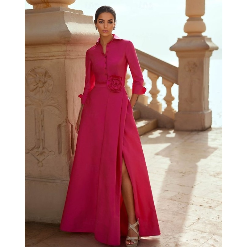 A-Line Mother of the Bride Evening Gown Elegant Dress Formal Wedding Floor Length 3/4 Length Sleeve Shirt Collar Pocket Taffeta with Slit3