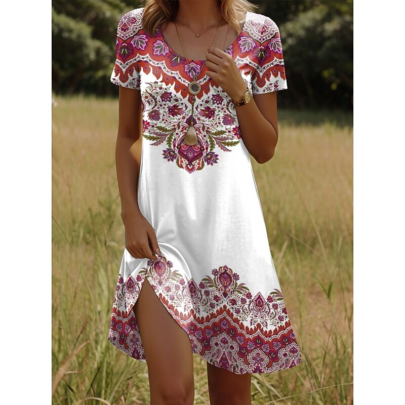 Women's Mini Dress T Shirt Dress Tee Dress Sundress Vacation Casual Boho Going out Regular Fit Graphic Paisley Short Sleeve V Neck Yellow Red Blue Purple Summer