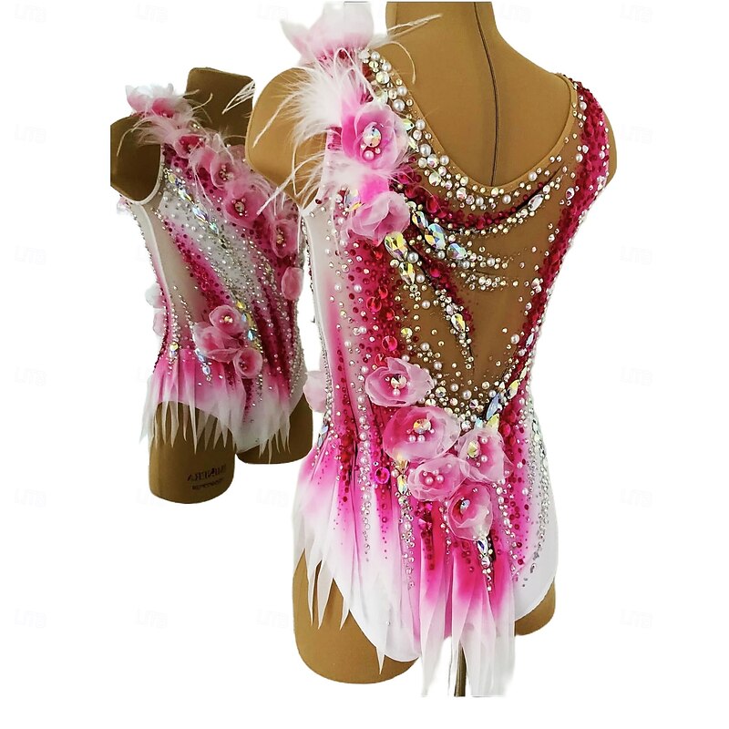 Rhythmic Gymnastics Leotard Women's Girls' Ice Skating Gymnastics Leotard Peach Thumbhole Halo Dyeing High Elasticity Professional Competition Skating Wear Crystal / Rhinestone Sleeveless Ice Skating Figure3