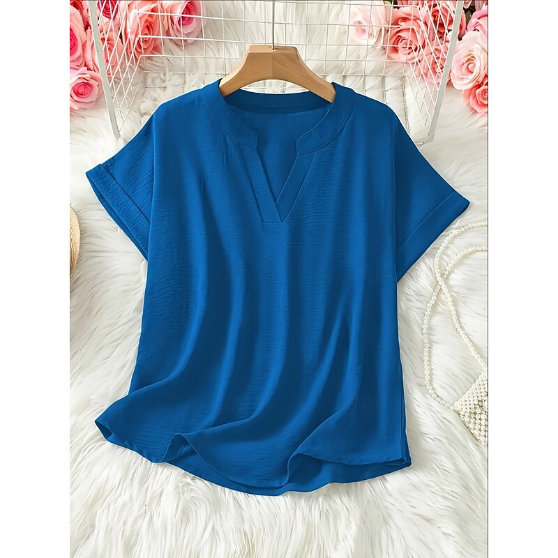 Women's Blouse Solid Color Stylish Casual Short Sleeve V Neck Regular Tops Daily Black Army Green Blue Summer2