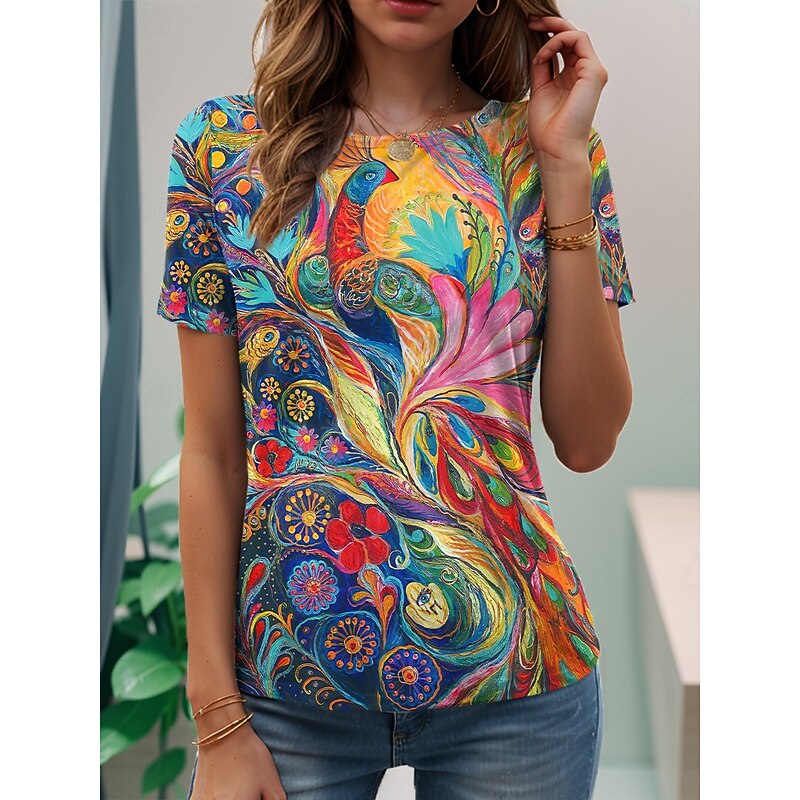 Women's T Shirt Floral Graphic Plants Vintage Stylish Classic Short Sleeve Crew Neck Round Neck Regular Tops Daily Print Blue Rainbow Summer Spring2