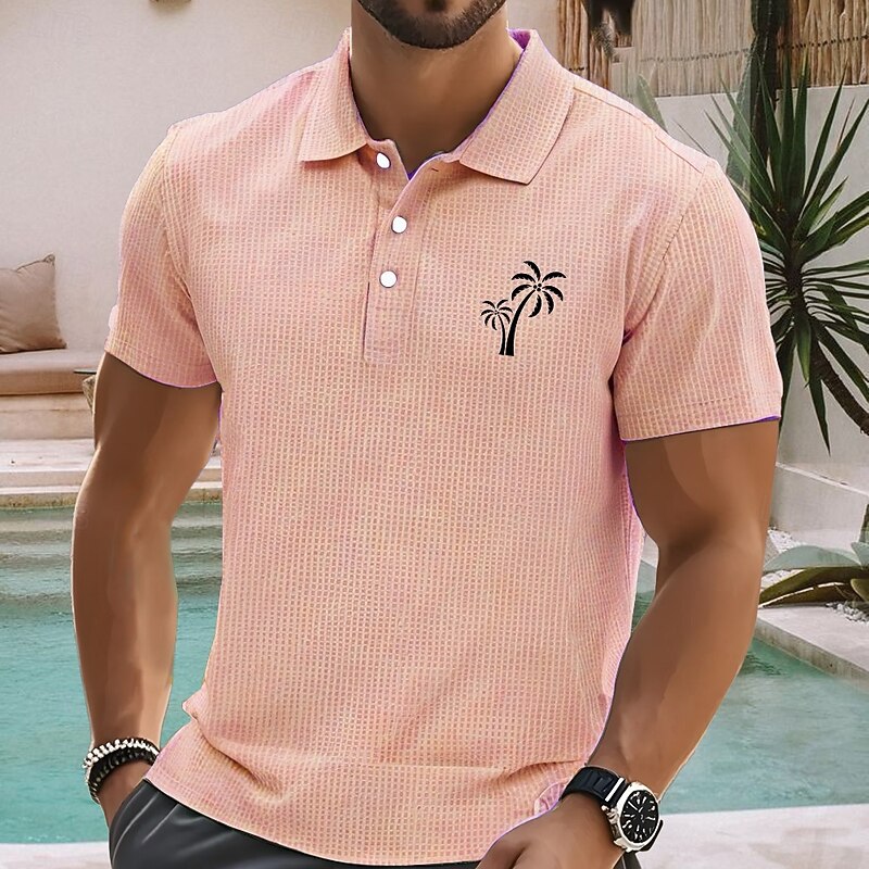Men's Palm Tree Waffle Polo Shirts Short Sleeve Polo Shirts Collared Shirts Resort Business Casual Business Athleisure Vacation Wear Buttons 3D Print Summer Blue Orange Green3