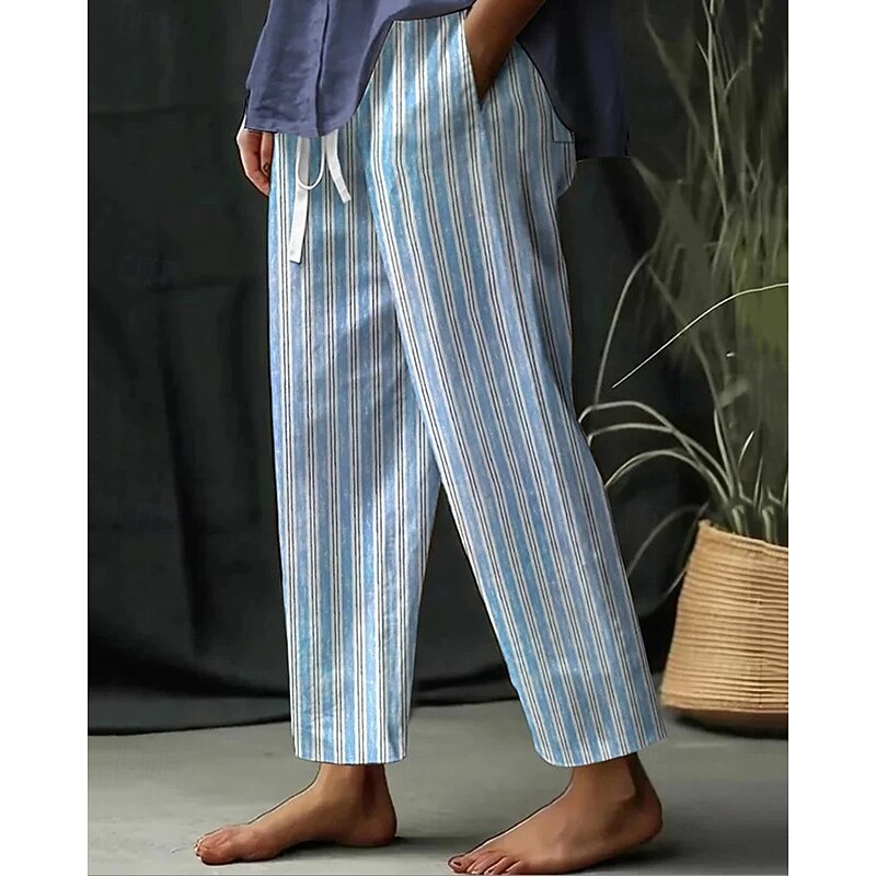 Women's Linen-Inspired Pants Harem Pants Fashion Boho Full Length Mid Waist Stripe Elastic Waist Breathable Comfortable Micro-elastic Street Daily Wear Going out Pink Blue Light Blue Summer Spring2