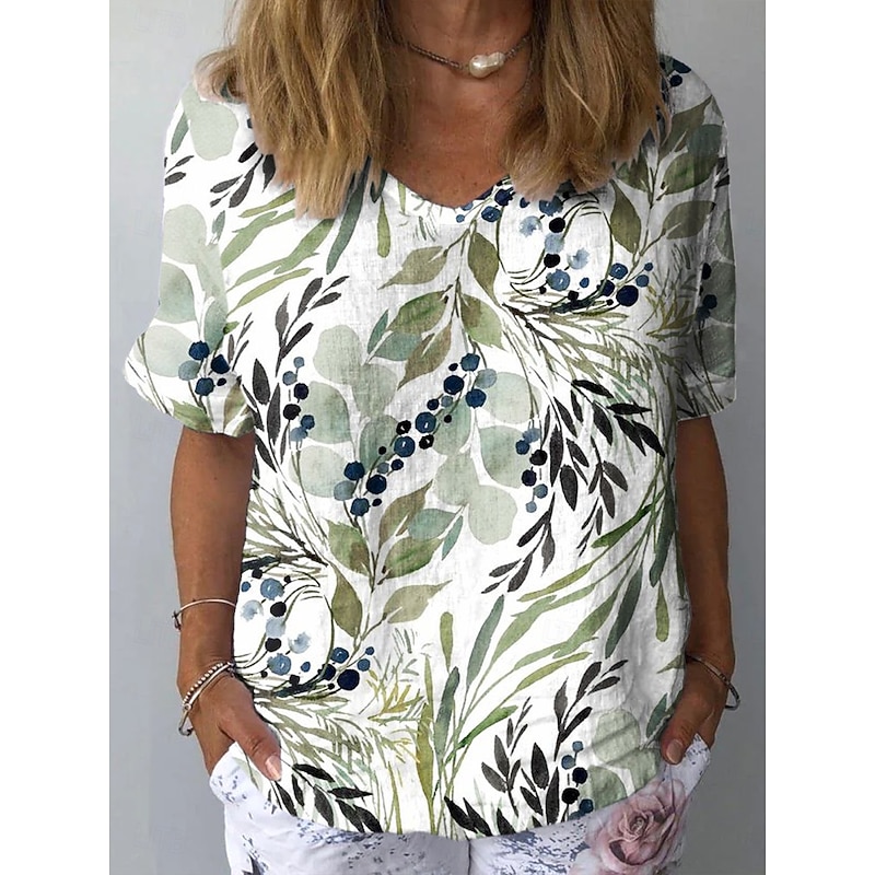 Women's Shirt Floral Graphic Plants Stylish Classic Casual Short Sleeve Crew Neck Regular Tops Daily Beach Wear Vacation Wear Print Light Green Khaki Light Blue Summer Spring3