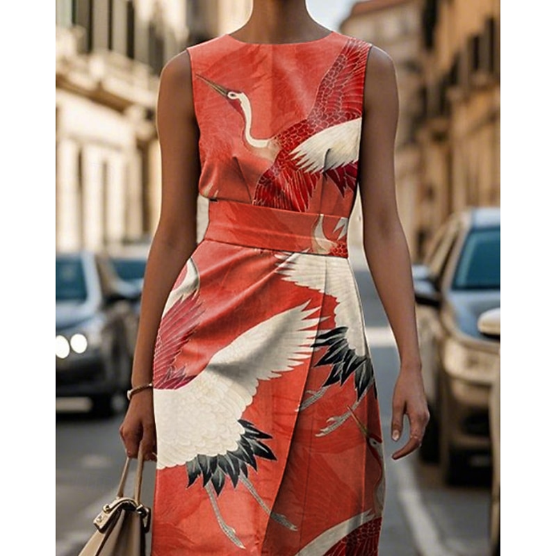 Women's Midi Dress Floral Dress Print Dress Elegant Fashion Vacation Holiday Going out Regular Fit Flower Sleeveless Crew Neck Wine Red Summer2