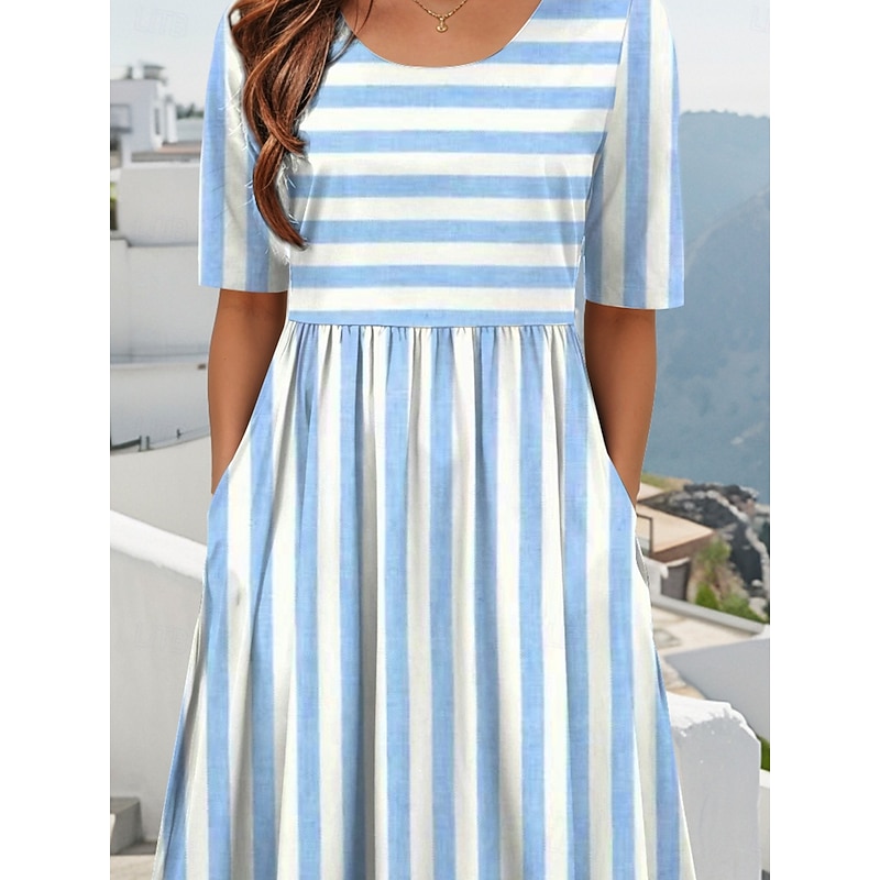 Women's Midi Dress Summer Dress Pleated Dress Vacation Casual Holiday Loose Fit Graphic Striped Half Sleeve Crew Neck Light Green Pink Blue Purple Summer3