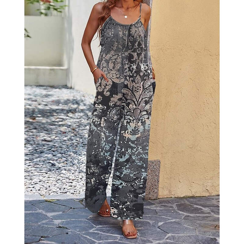 Women's Normal Jumpsuit Streetwear Floral Sleeveless U Neck Pocket Print Street Weekend Regular Fit Dark Gray Summer2