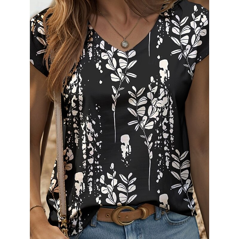 Women's Blouse Graphic Plants Vintage Stylish Classic Sleeveless Short Sleeve V Neck Regular Tops Daily Print Black White Summer Spring3