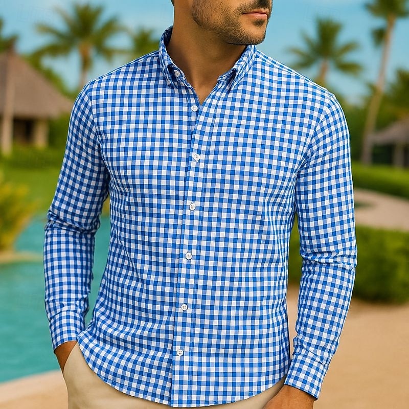 Men's Dress Shirt Collared Shirt Button Up Shirt Plaid Wedding Outdoor Wine Navy blue+white White Yellow Long Sleeve Turndown Spring Fall Clothing Apparel2