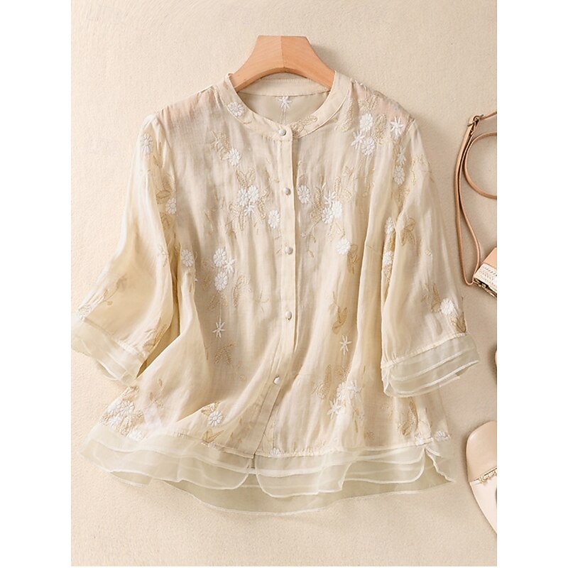 Women's Cotton Linen Shirts Floral Vintage Casual Long Sleeve High Neck Regular Tops Daily Embroidered Buttons Red Purple Green Apricot Summer