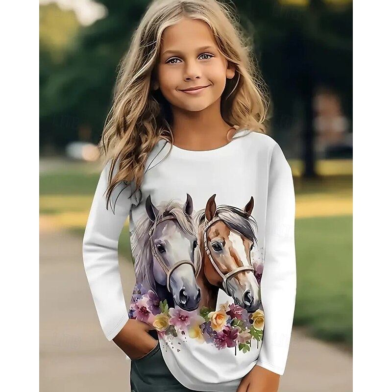 Girls' 3D Animal Horse T shirt Tee Long Sleeve Spring Fall Fashion Basic Kids 4-12 Years Crew Neck Outdoor Casual Daily Regular Fit2