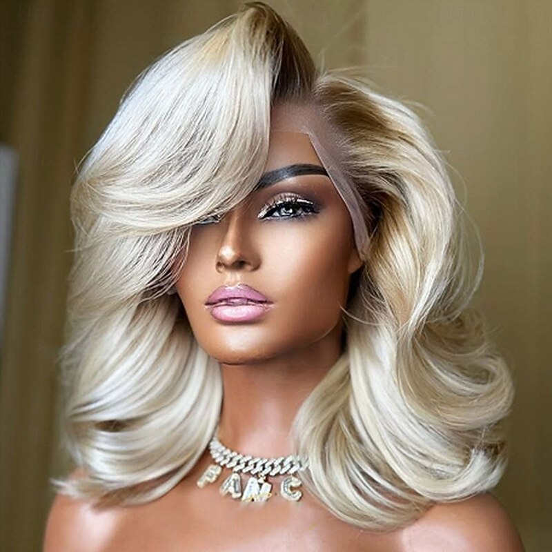 Ombre Ash Blonde Remy Human Hair 5x5 Closure Wigs Short Bob 13x4 Lace Front Wig  Brazilian Hair Wavy  Hair Natural Hairline 100% Virgin Glueless Human Hair Wigs Pre-Plucked For Women2