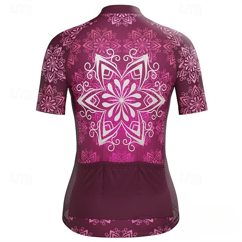 Women's Cycling Jersey Flower Short Sleeve Bike Tee Tshirt Jersey Top with 3 Rear Pockets Mountain Bike MTB Road Bike Cycling Quick Dry Reflective Strips Moisture Wicking Breathable Sports Rose Red2