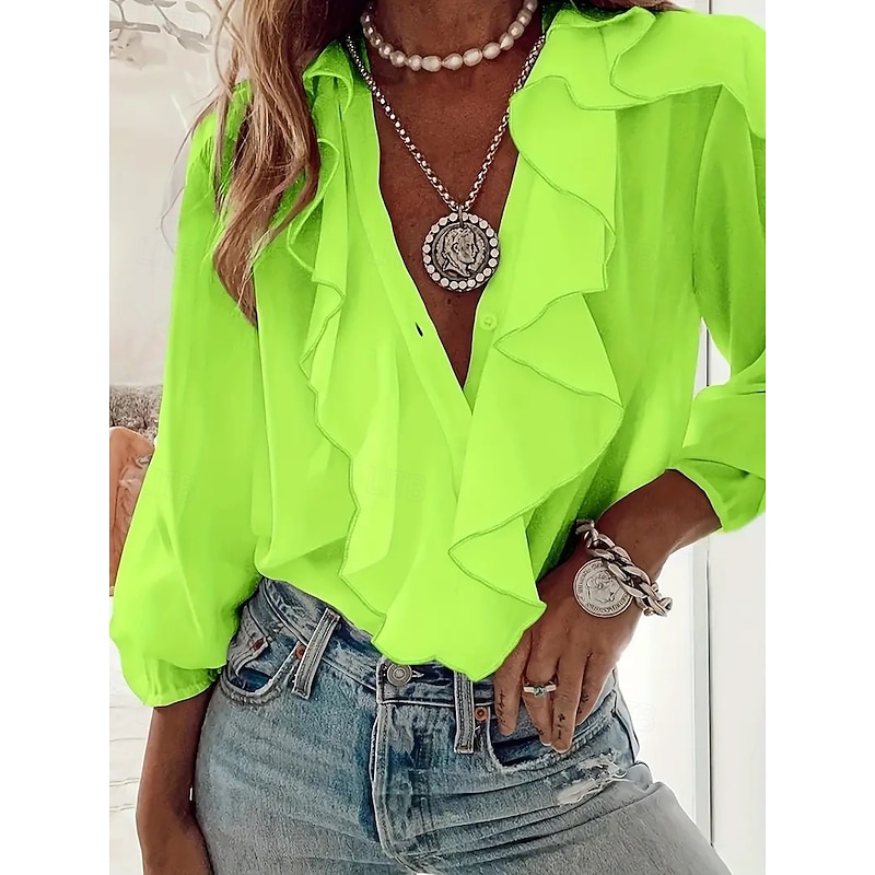 Women's Shirt Plain Ladies Long Sleeve Lantern Sleeve Shirt Collar Regular Tops Work Daily Ruffle Buttons Grass Green Green Beige Rose Pink Summer Spring2