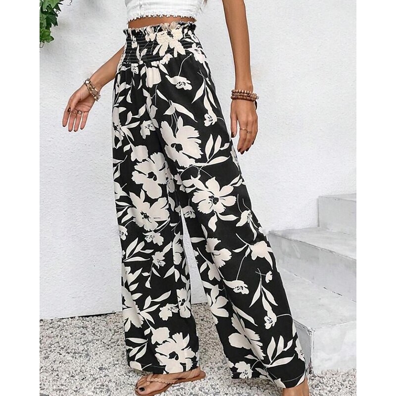 Women's Slacks Pants Trousers Boho Full Length Natural Floral Elastic Waist Print Comfy Outdoor Comfortable Street Going out Navy Black Khaki Summer Regular Fit4