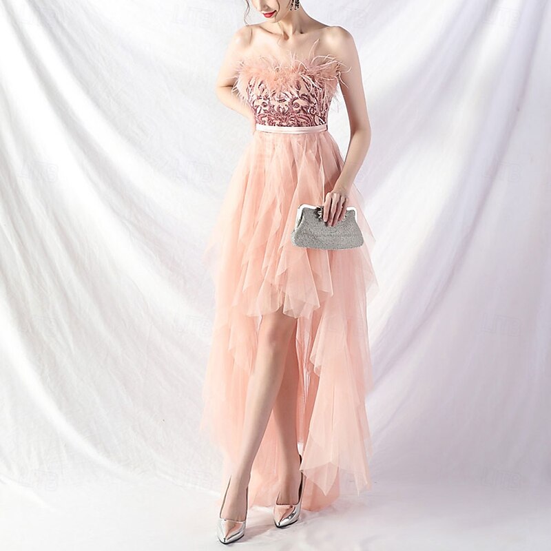 A-Line Quinceanera Dresses Elegant Dress Formal Wedding Asymmetrical Sleeveless Strapless Tulle Backless with Feather Embroidery3