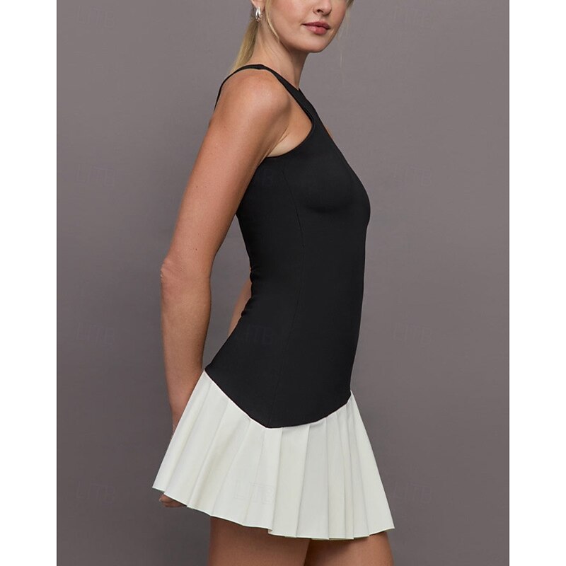 Women's Patchwork Tennis Dress Sports Dress Sleeveless Pleated Asymmetrical Breathable Tennis Golf Pickleball Jewel Neck Tank Back Black Tennis Clothing4