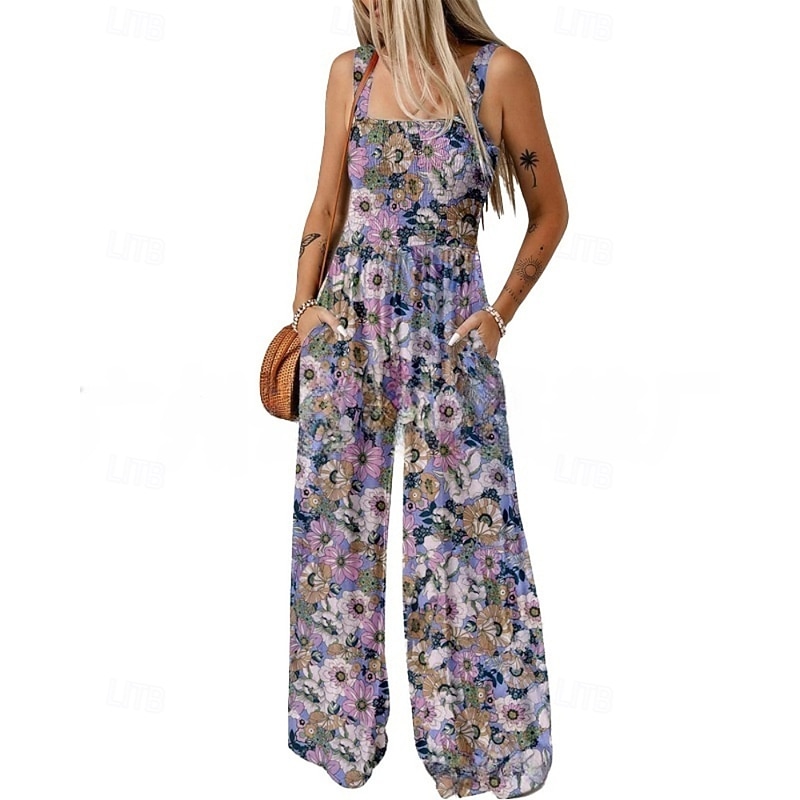 Women's Normal Jumpsuit Casual Floral Sleeveless U Neck Print Street Daily Regular Fit Pink Blue Green Summer2