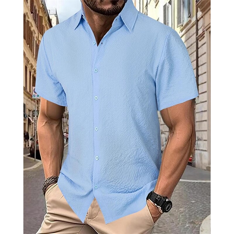 Men's Shirt Summer Shirt Casual Shirt Beach Shirt Button Up Shirt Dark Brown Black Green Dark Gray Light Blue Short Sleeve Plain Lapel Vacation Hawaiian Jacquard Clothing Apparel Polyester Fashion