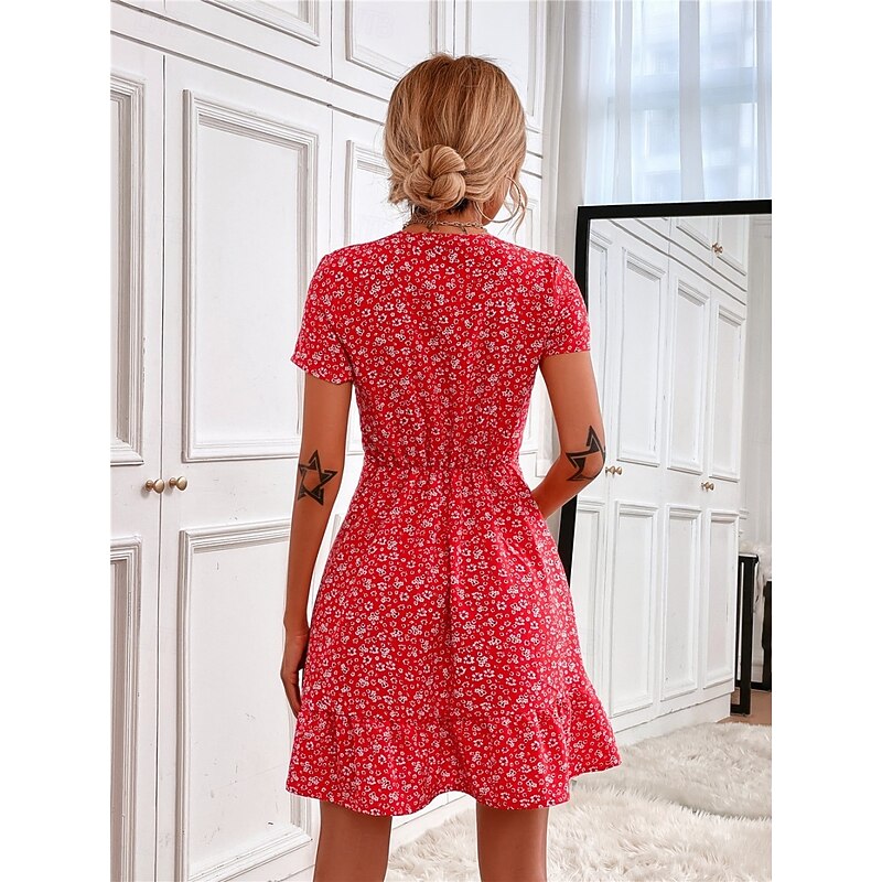 Women's Mini Dress A Line Dress Casual Outdoor Going out Standard Fit Floral Short Sleeve V Neck Black Red Blue Apricot Summer3