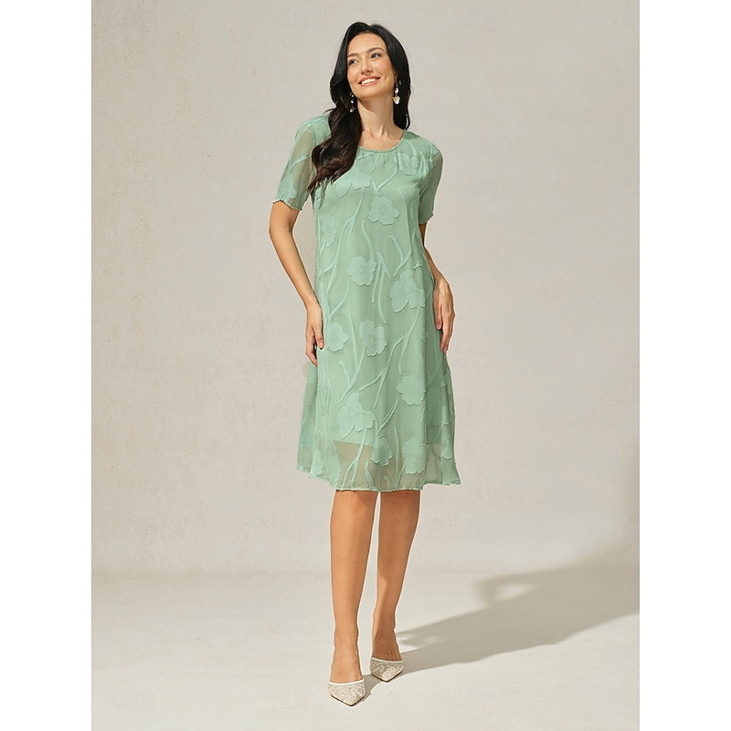 Women's Knee Length Dress Chiffon Dress Elegant Casual Loose Fit Floral Short Sleeve Crew Neck Sage Green Summer4