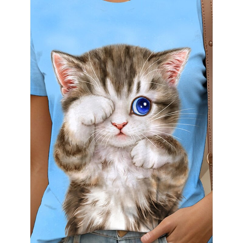 Kayomi Harai Women's T Shirt Graphic Animal Cat Vintage Cute Stylish Short Sleeve Crew Neck Round Neck Regular Tops Daily Weekend Print Blue Summer Spring3