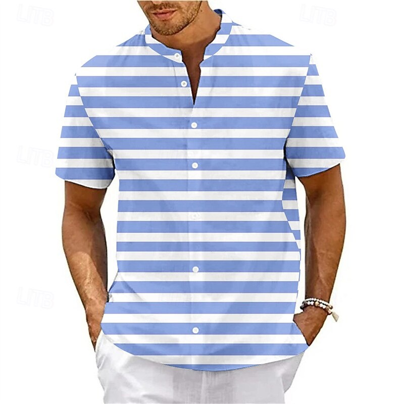 Men's Shirt Summer Shirt Casual Shirt Beach Shirt Button Up Shirt Light Pink Black Pink Red Royal Blue Short Sleeve Stripes Band Collar Vacation Hawaiian Clothing Apparel Polyester Fashion Casual